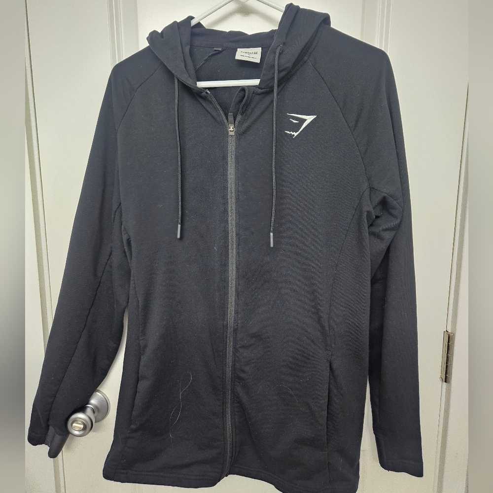 Gymshark Jacket Men's size M Full zip Black Hood Gym training run pockets logo